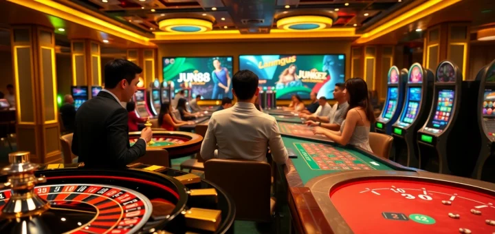 Jun88 players engaging with vibrant casino games in an exciting environment