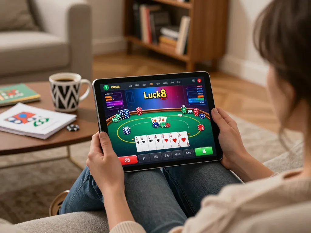 Engaging with the luck8 casino app on a tablet in a cozy home gaming setup, showcasing strategic poker gameplay.