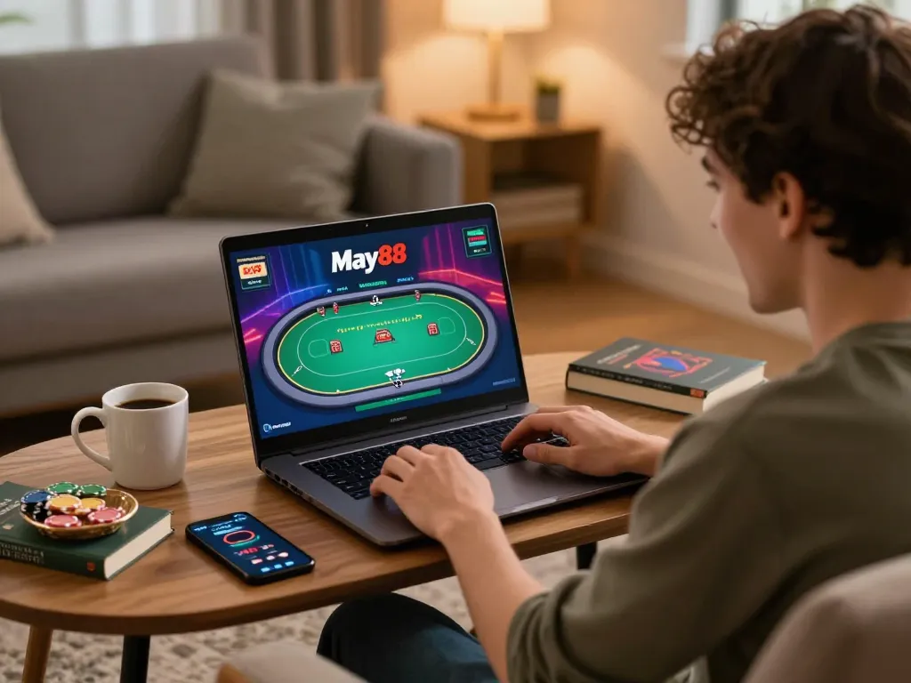 Player engaging in online gaming at May88, showcasing an interactive poker game on laptop in a cozy home setting.