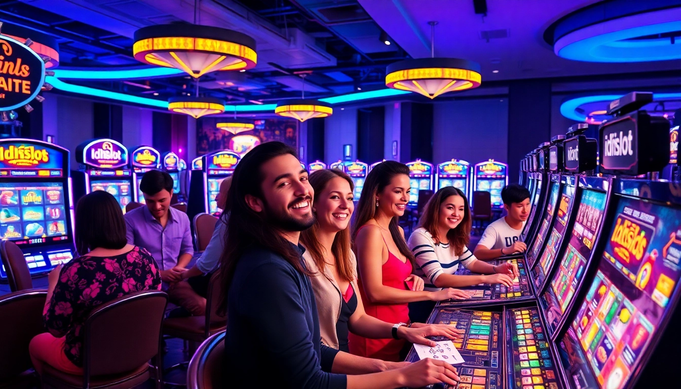 Players celebrating at idnslot machines in a lively casino atmosphere with vibrant lights.