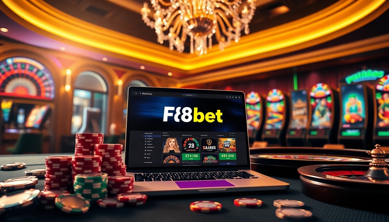 Experience the excitement of F8bet with poker chips and roulette wheels in a luxurious casino setting.