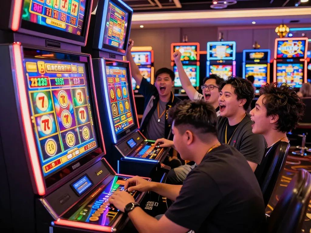 Group celebrating a win at a slot gacor 777 machine in a vibrant casino setting.