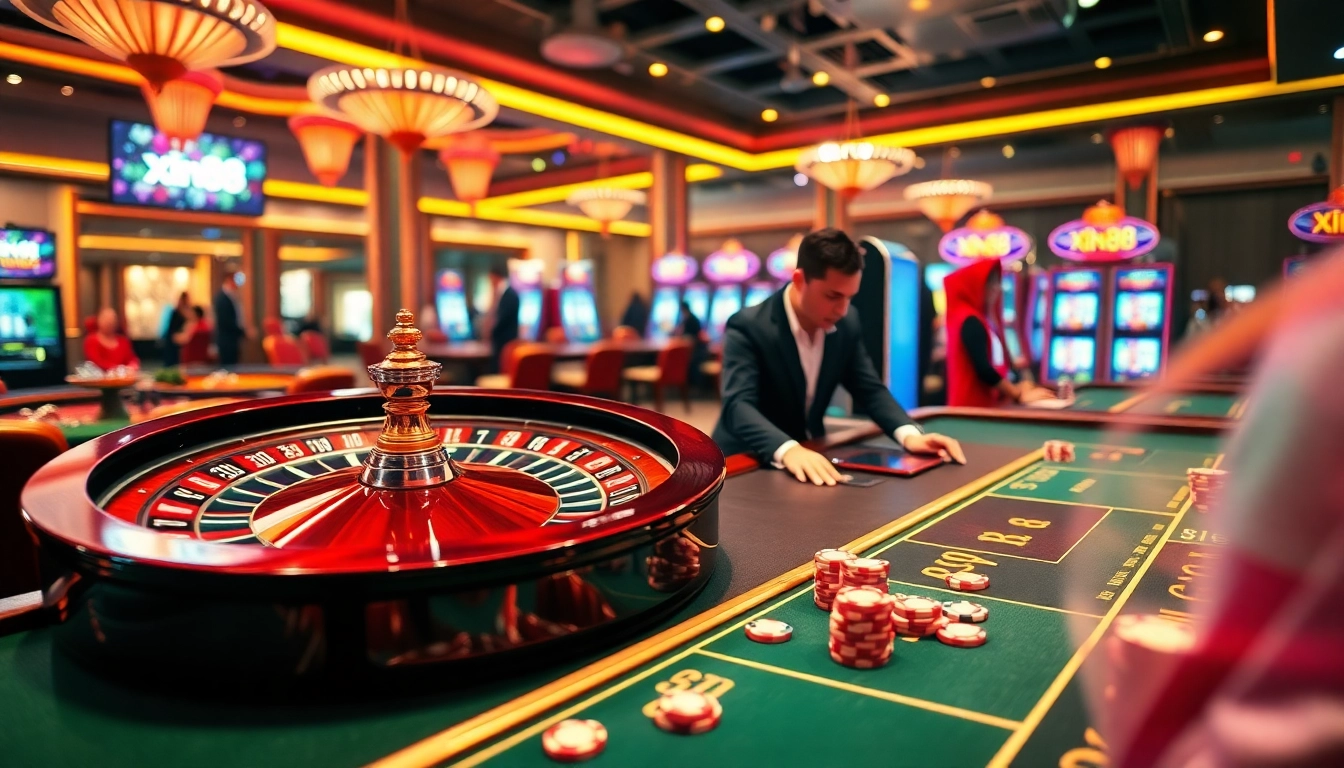 Engage in thrilling gameplay at xin88's luxurious casino with professional dealers and vibrant slot machines.