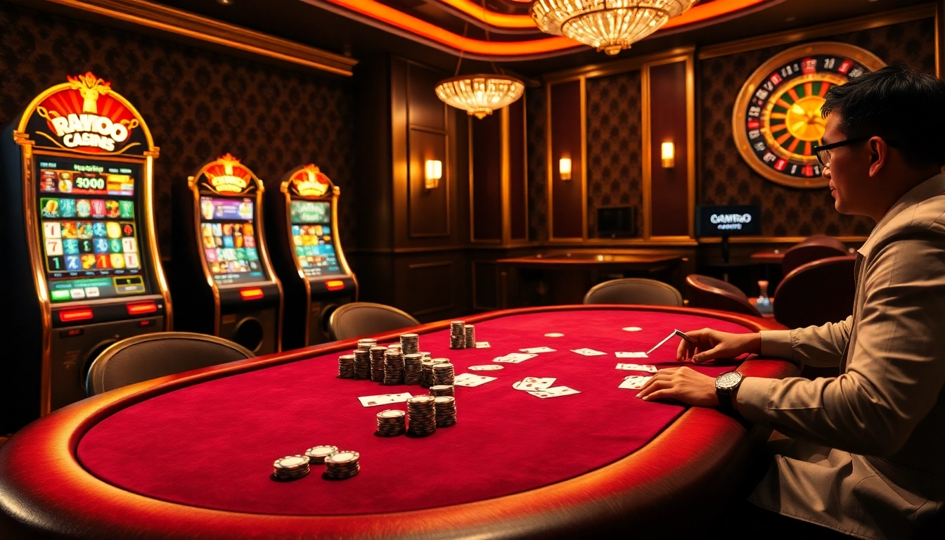 Exciting poker game scene with 'mmoo' branding on chips and casino backdrop.