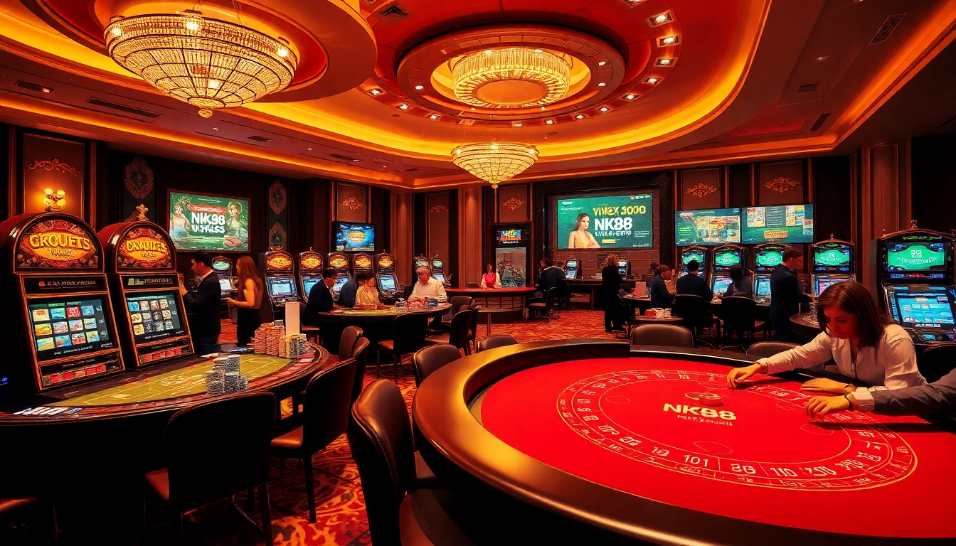 Engaging casino gameplay scene featuring NK88 with poker chips and slot machines.