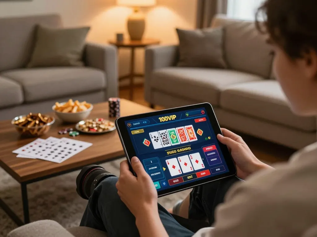Player engaging with the 100VIP casino app while enjoying a cozy home gaming atmosphere.