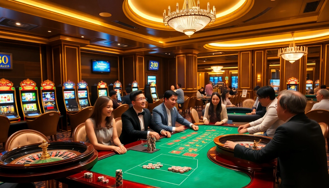A vibrant scene at Trang chủ 33win featuring diverse players enjoying various casino games, including poker and roulette.