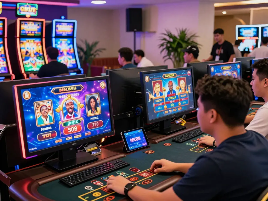 Engaged players enjoying NK88 online gambling experience with vibrant screens and lively atmosphere.