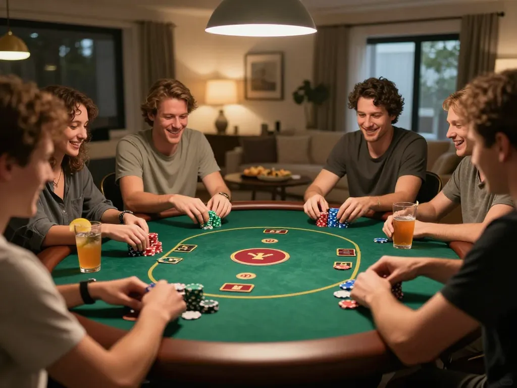Engaged players strategizing at the poker table during a cozy home gambling night at trang chủ 32win.