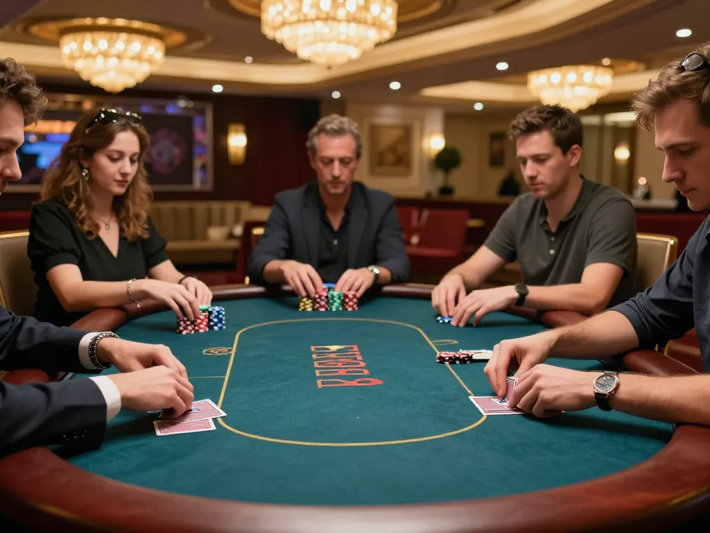 Engaged players at a VIP poker table strategizing bets in a luxurious casino, highlighting macan33 experience.