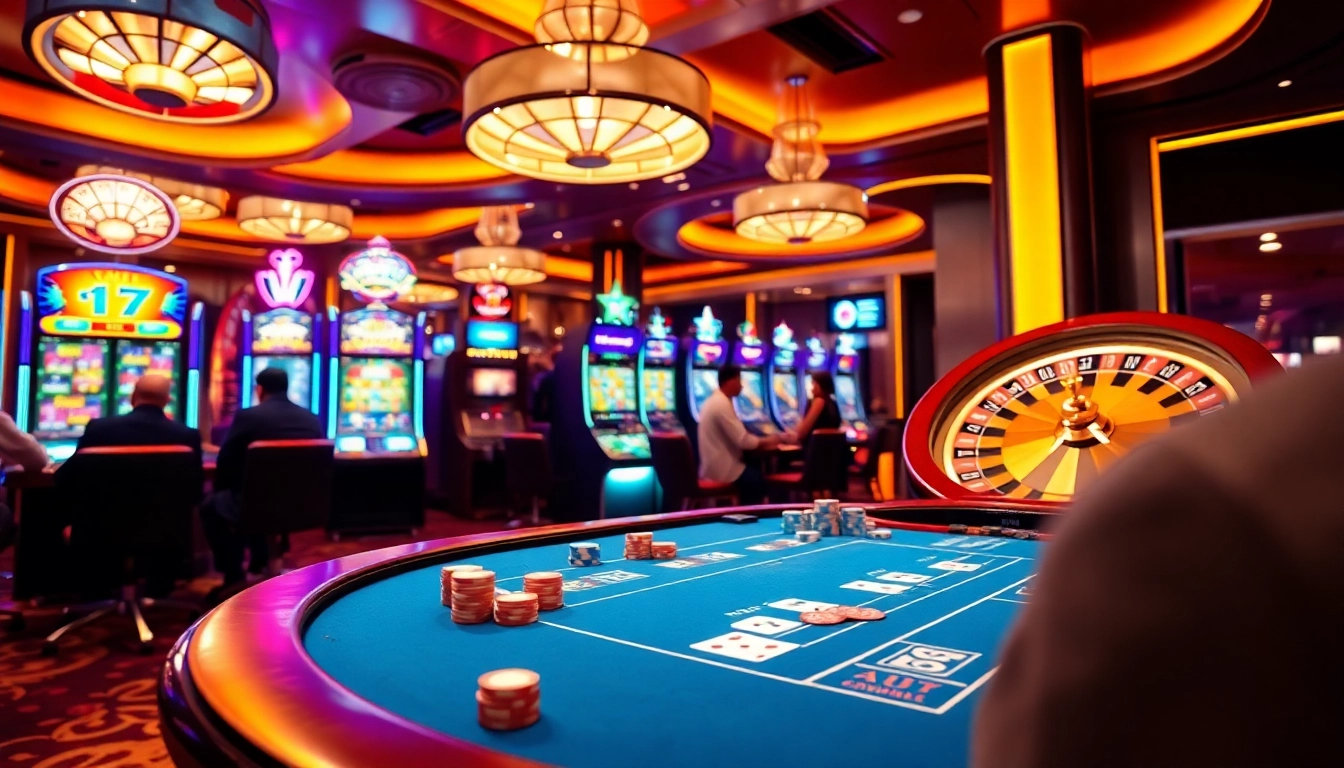 Players enjoying poker and slots at the sunwin casino, illuminated by vibrant lights