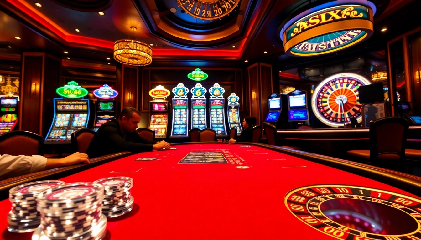 Join the excitement at SV66's luxurious casino, featuring poker tables and vibrant slot machines.