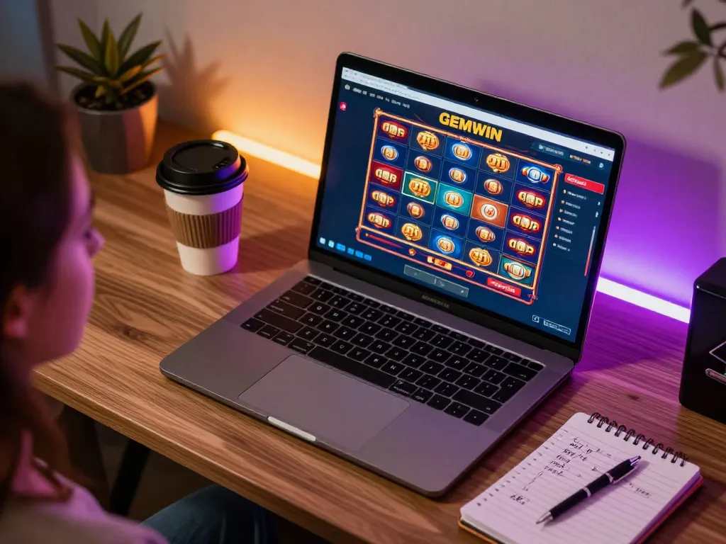 GEMWIN user enjoying online slots gameplay on a modern laptop in a cozy home gaming setup