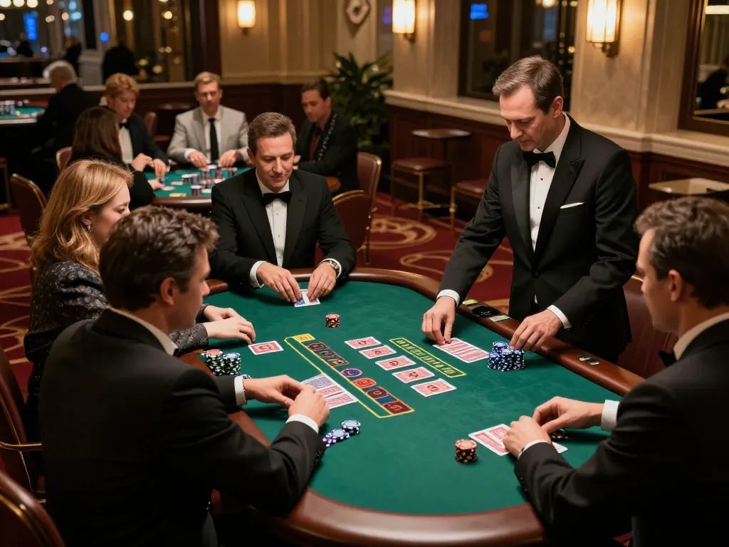 cm88 players placing bets at an elegant blackjack table in a sophisticated casino