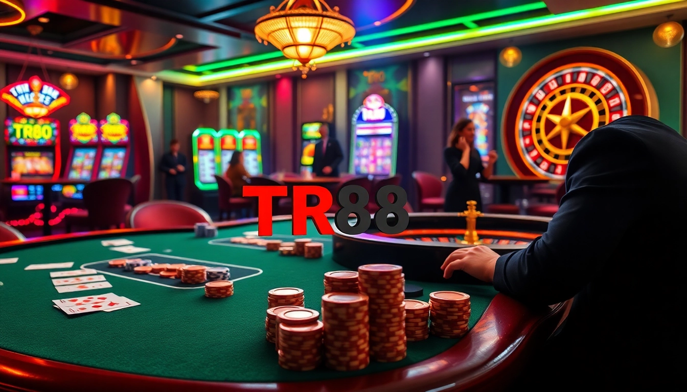 Experience the excitement of TR88 with vibrant casino elements like poker tables and slot machines.