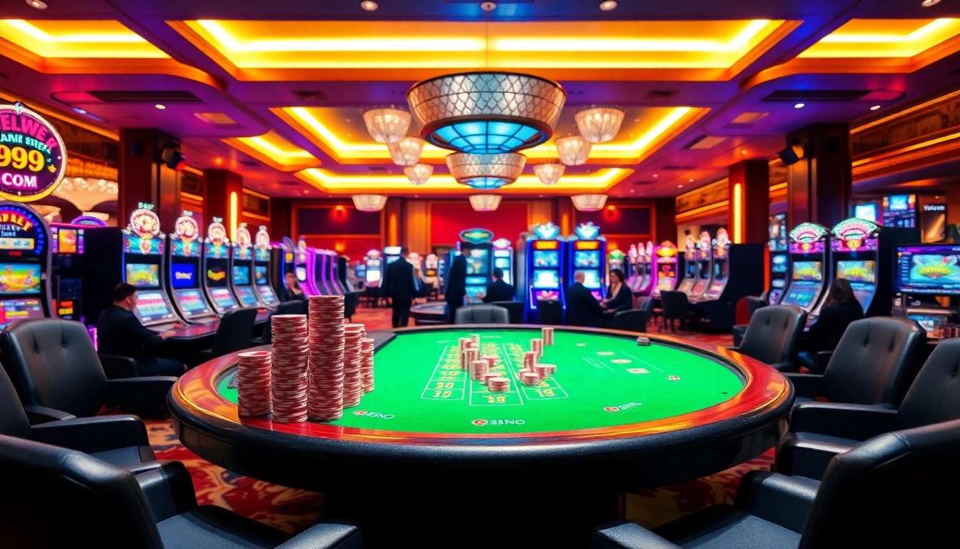 A player enjoying a thrilling gaming experience at the luxurious 99OK COM casino table, surrounded by vibrant slot machines.
