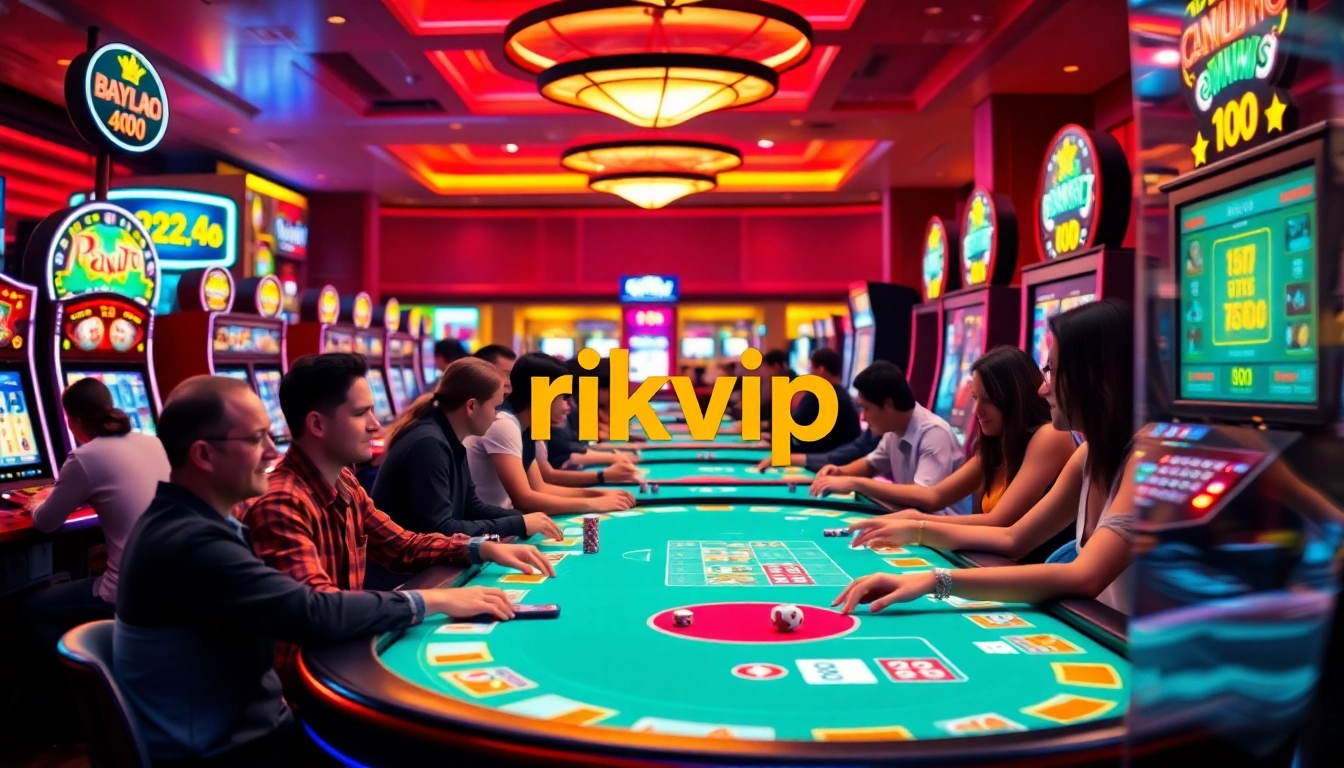 Exciting rikvip gaming atmosphere with diverse players enjoying modern casino games.