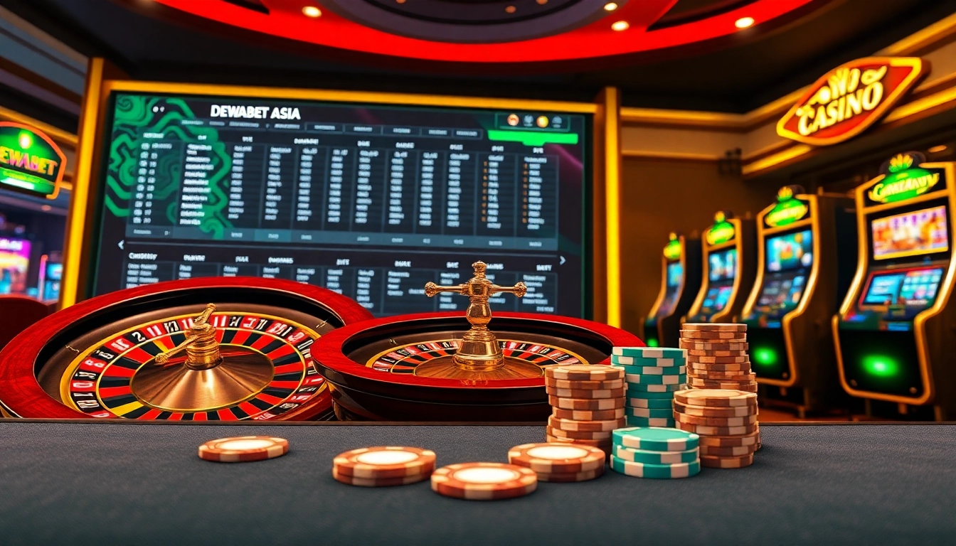 Engage with the excitement of Dewabet Asia, showcasing online casino action with vibrant slot machines and a roulette wheel.