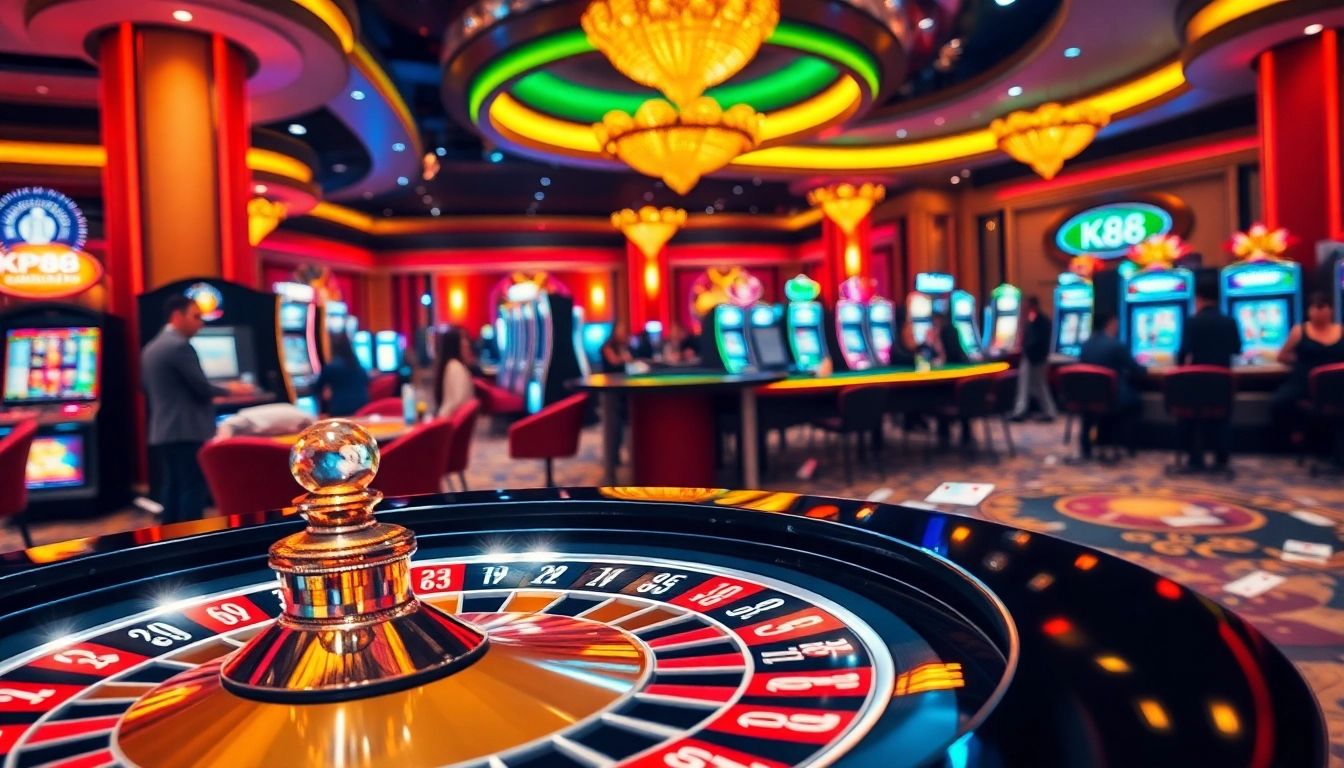 Exciting KP88 casino scene with a roulette table and players enjoying various games.