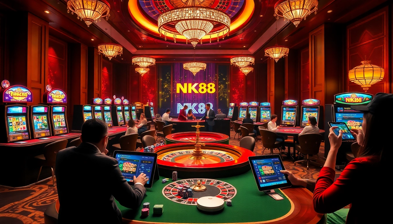 Experience excitement with NK88's vibrant online casino featuring active tables and digital interfaces.