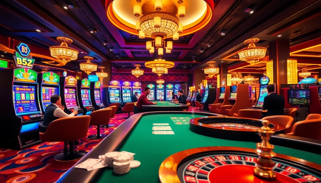 Experience thrilling gaming at B52 with vibrant slot machines and poker tables.