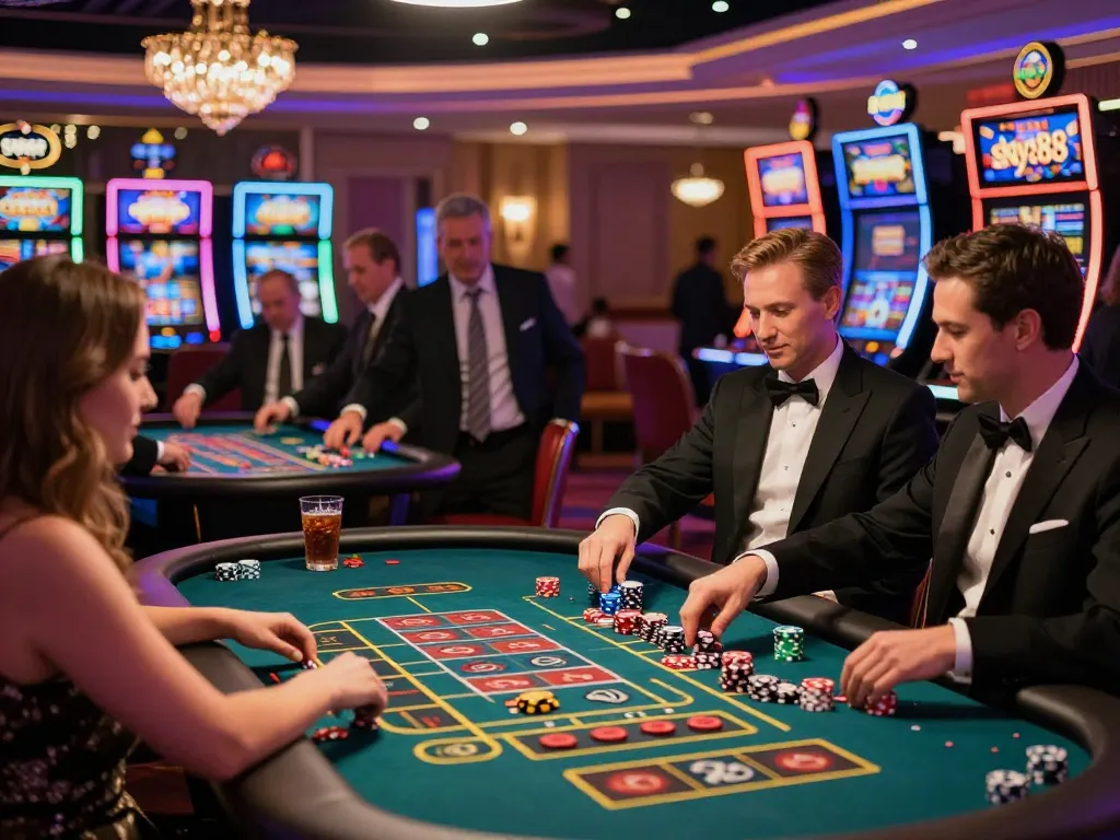 Experience high-stakes play at sky88 casino with players celebrating vibrant wins
