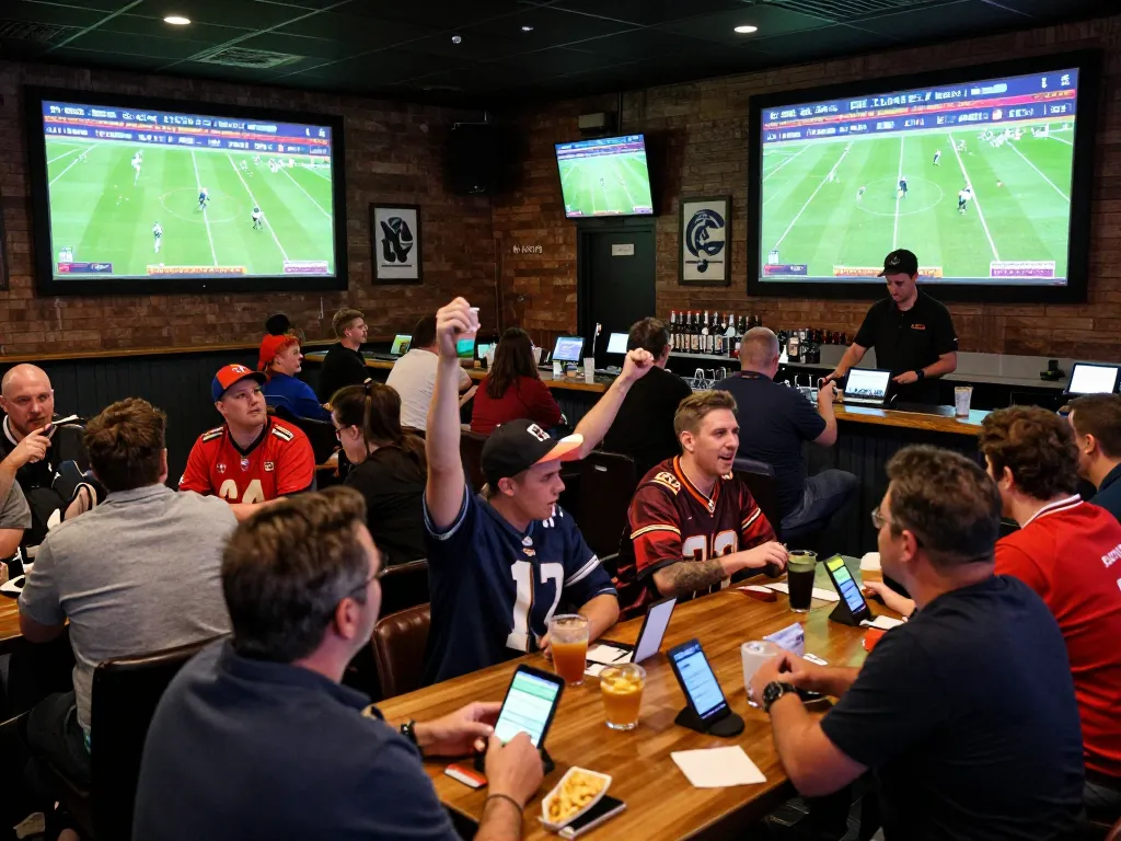 Engaged fans joyfully watching Trực tiếp bóng đá live with mobile devices in a vibrant sports bar