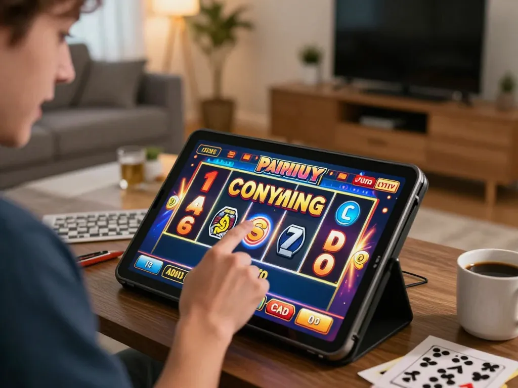 Engaging gameplay on online pokies Australia, featuring vibrant reels and dynamic visuals in a cozy home setting