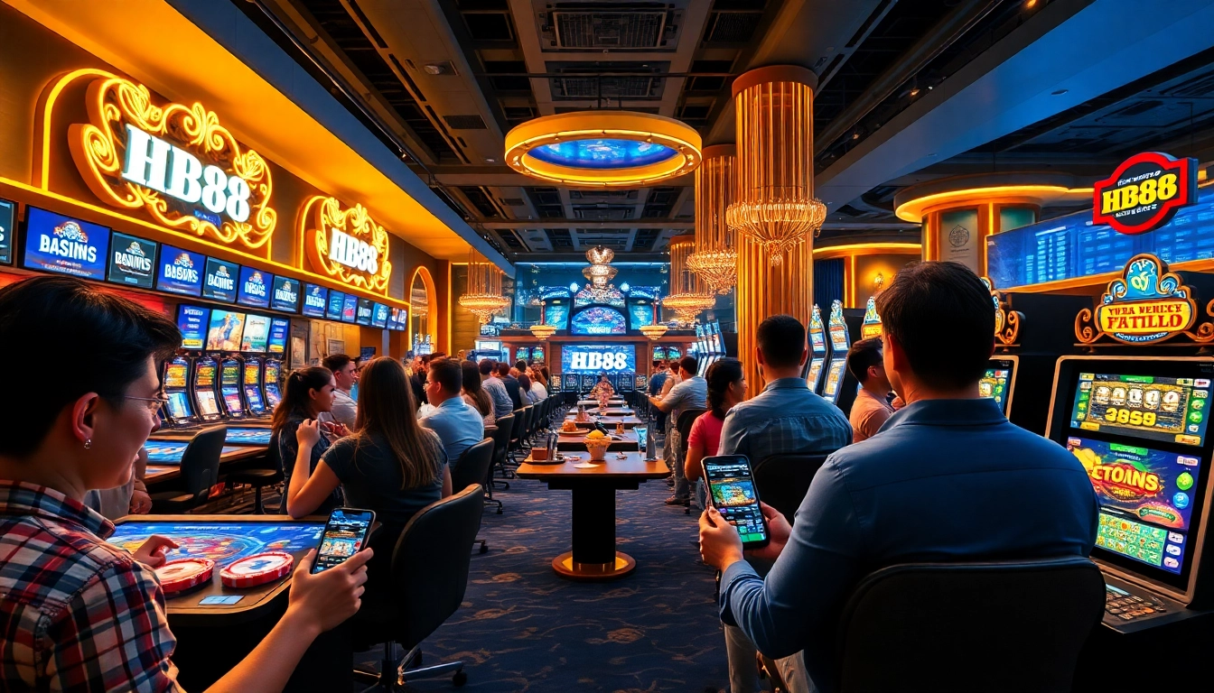 Engaged players enjoying a modern gambling experience on HB88 with live dealer games and vibrant casino elements.
