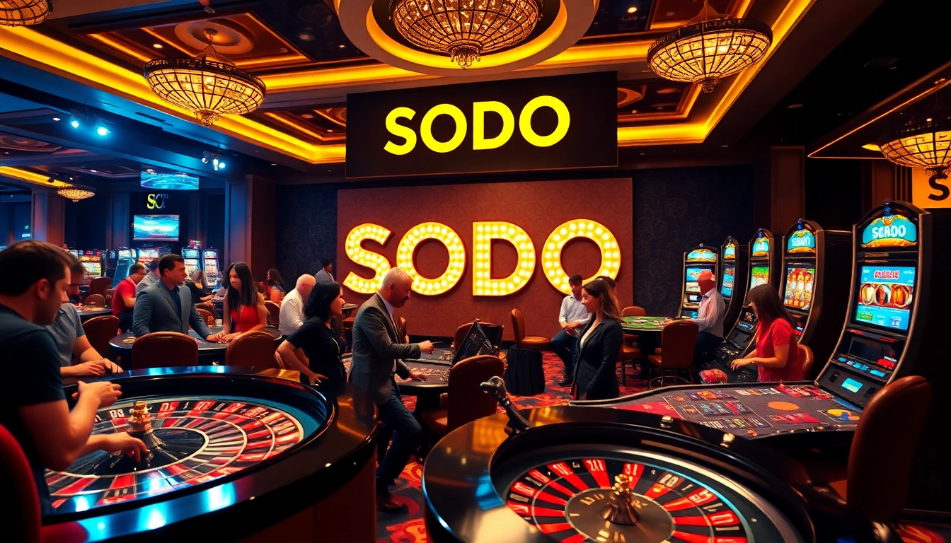 SODO-themed casino scene showcasing players engaging at a roulette wheel and poker tables.