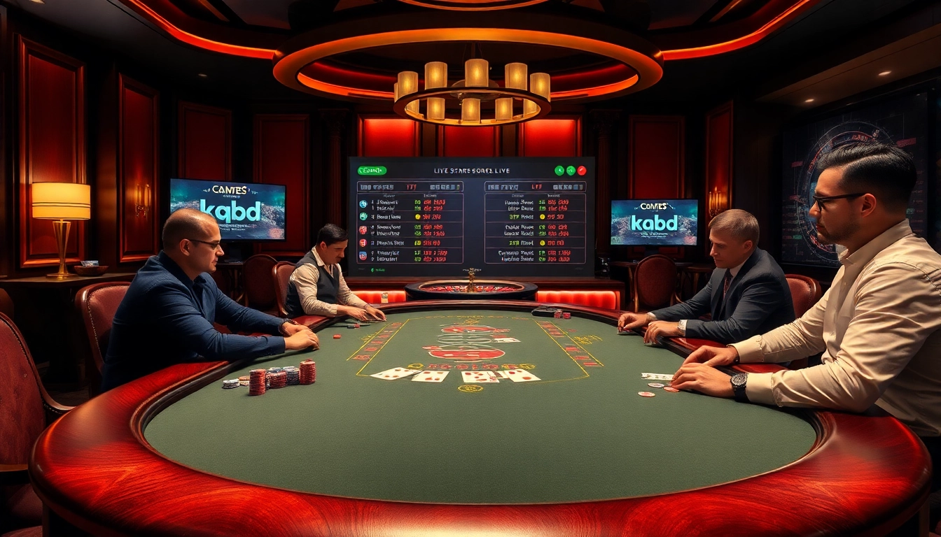 Players strategizing at a poker table with kqbd live scores displayed, showcasing excitement and luxury in gambling.