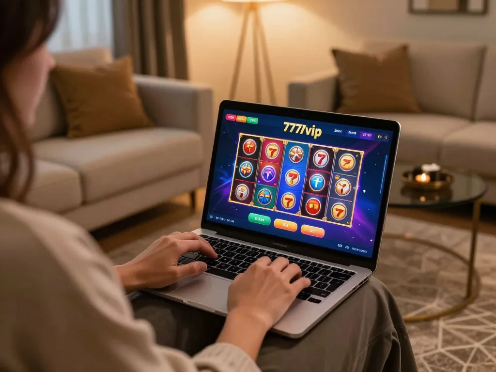 Engaging in slots gameplay on 777vip with vibrant graphics in a cozy home setting.