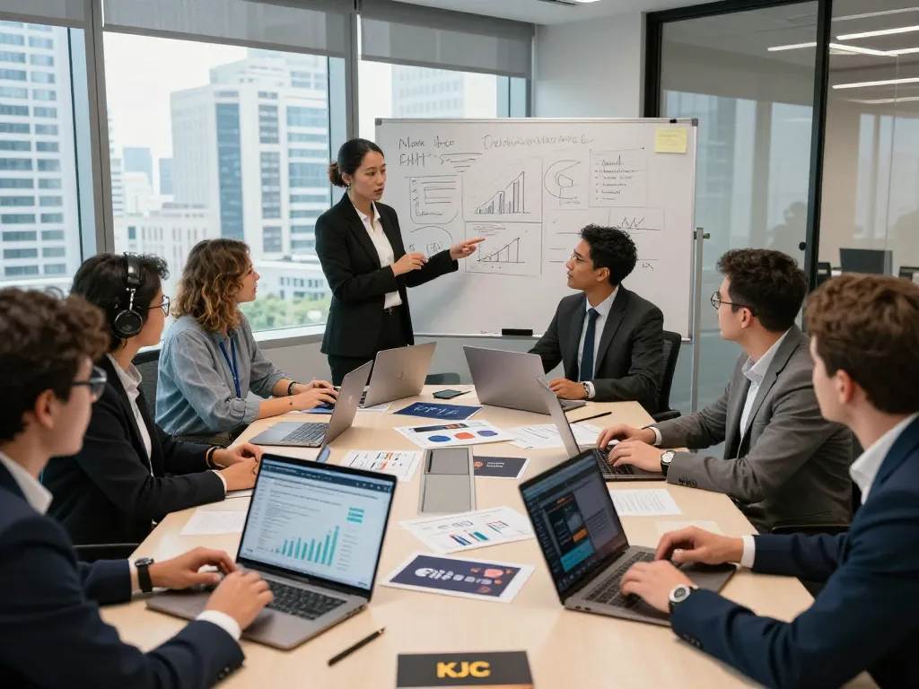 KJC collaboration strategy meeting with diverse professionals discussing entertainment partnerships and analytics in a modern office environment.