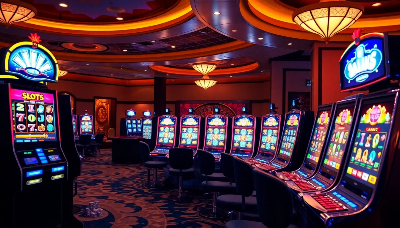 Exciting slot online machines in a luxury casino filled with vibrant lights and eager players.