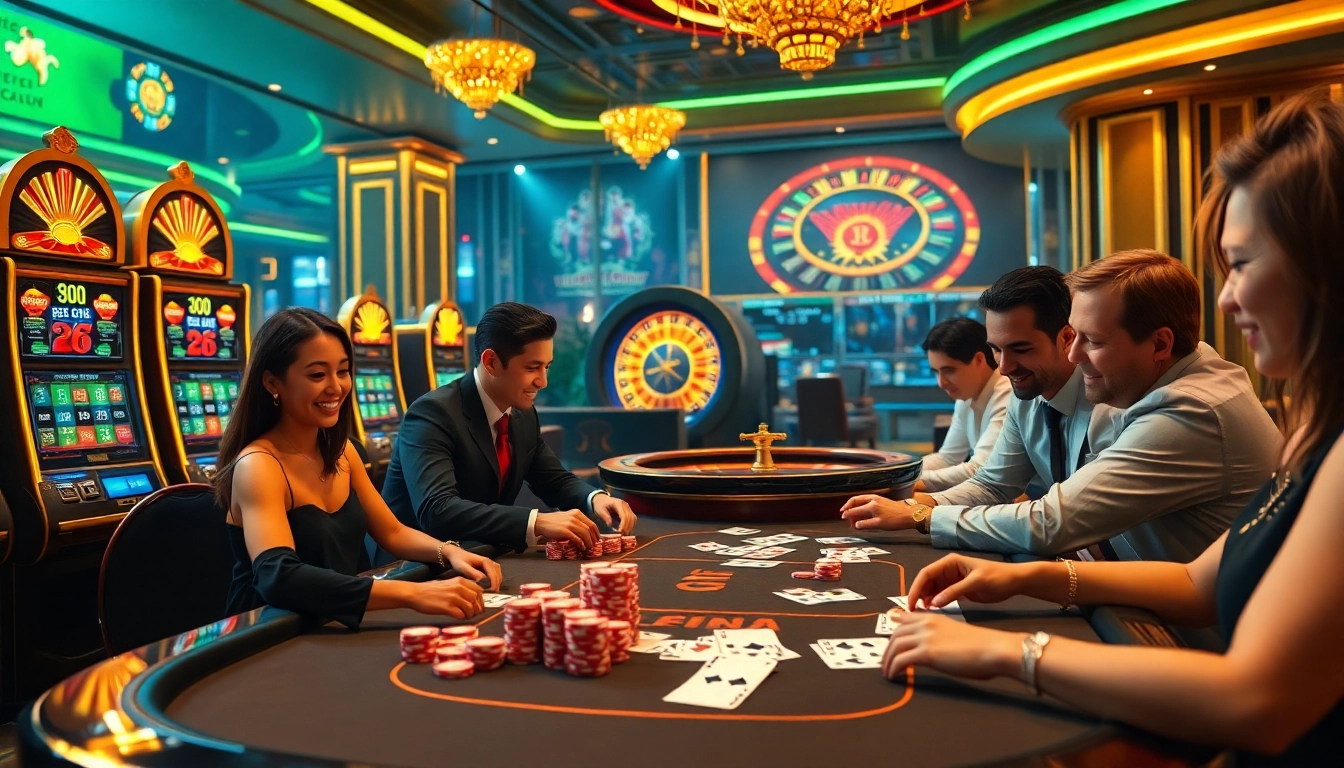 Players experience the thrill at lego138's vibrant casino table with poker chips and slot machines.