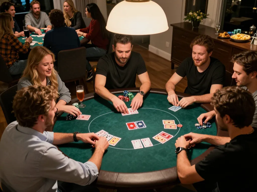 Friends enjoying a thrilling poker game night with F168, showcasing strategy and excitement around the table.