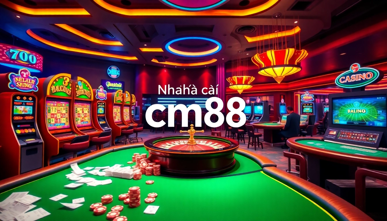 Experience excitement at Nhà cái cm88 with vibrant online gambling visuals of modern slot machines and casino tables.