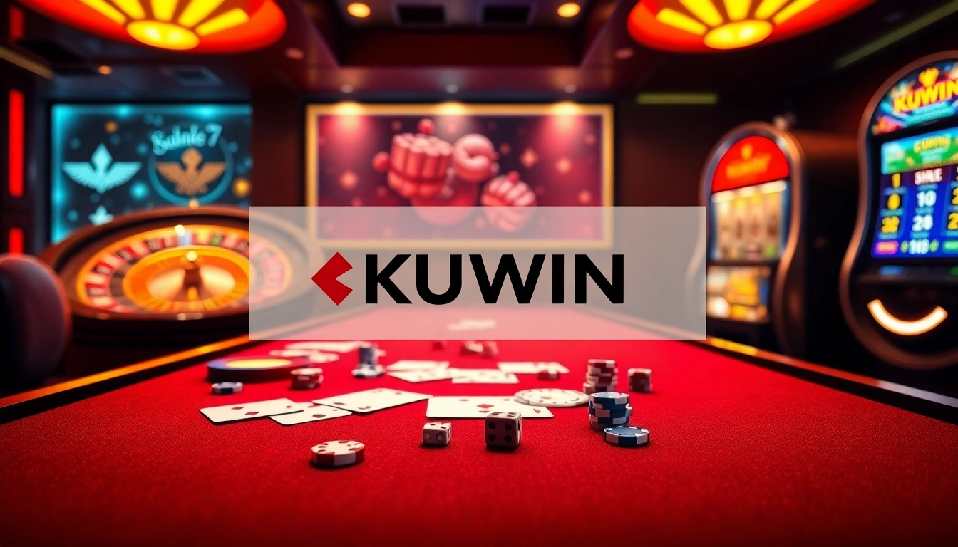 Kuwin casino table with vibrant poker chips and cards, showcasing luxury gaming experience.