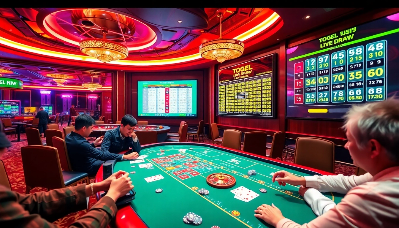 Players engaging in Togel HK with colorful betting slips and live draw results displayed.