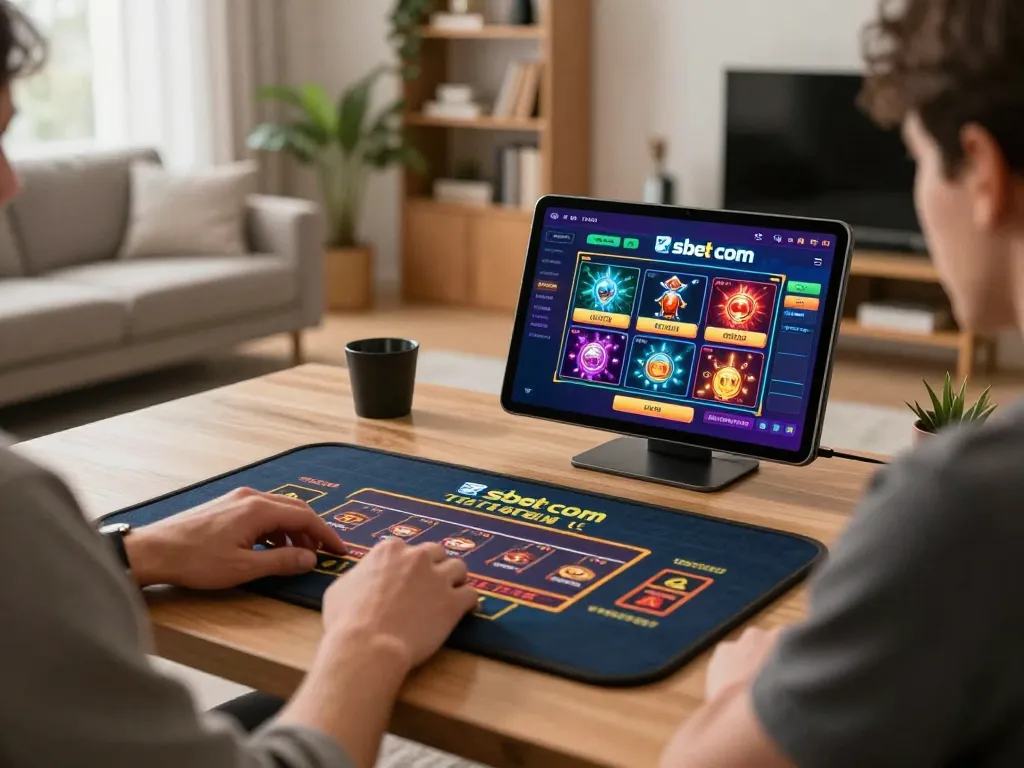 Engaging moment of a player interacting with shbet com on a tablet showcasing online casino games in a cozy home setting.