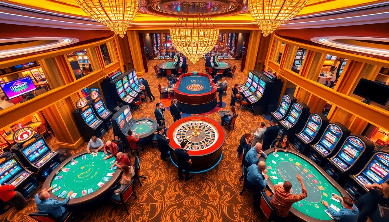 Players enjoying poker and blackjack at W88 com casino, surrounded by vibrant slot machines.