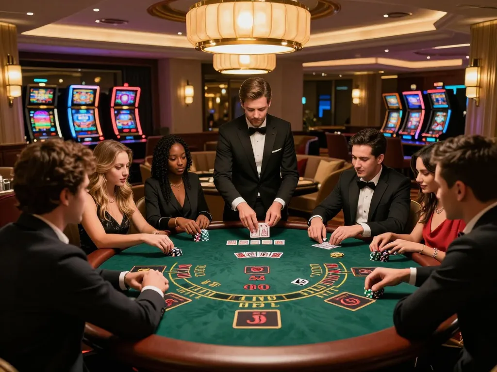Group of friends enjoying a strategic game at the blackjack table in a classy casino, tt88 link to action on the cards.
