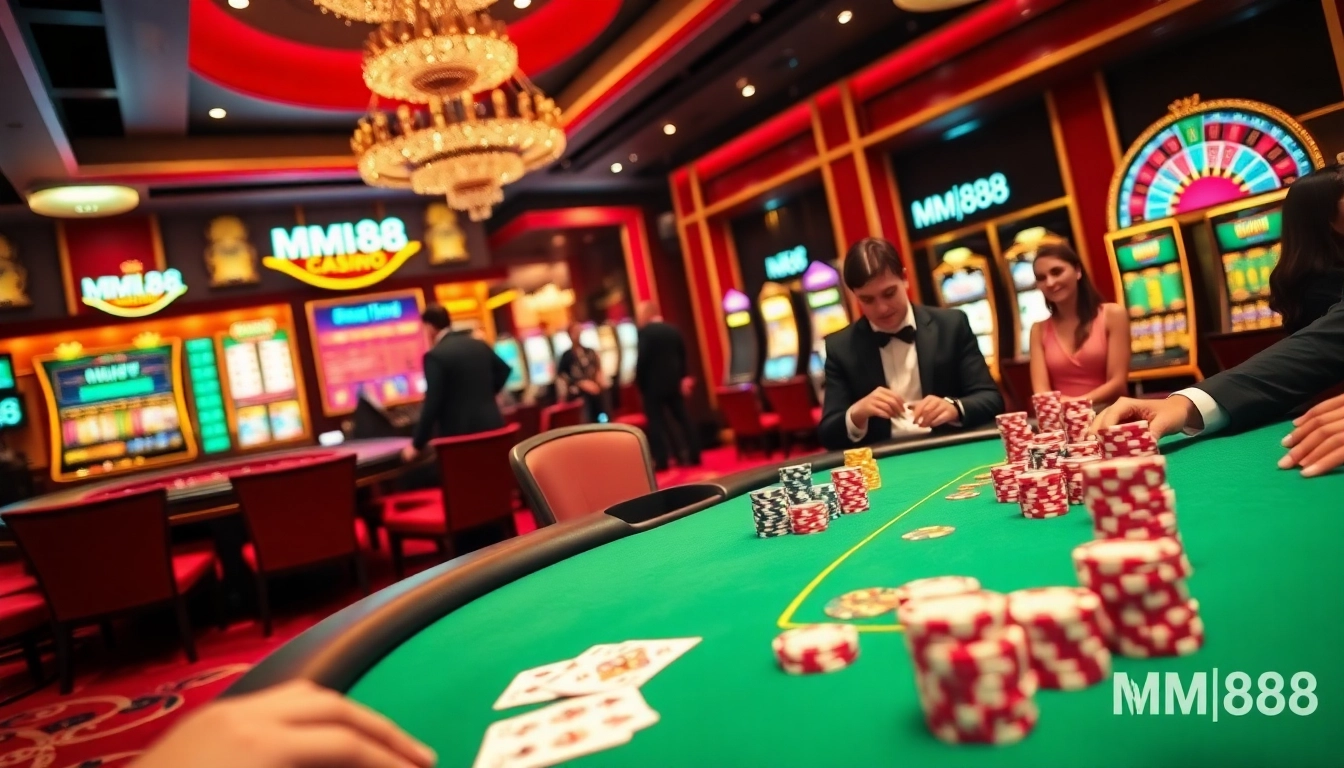 Engaged players at a luxury MM88 casino poker table with vibrant chips and cards.