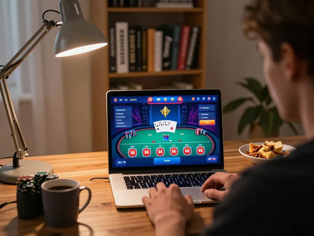 Engaging gameplay on gg88 com, showcasing a vibrant poker interface in a cozy home setup.