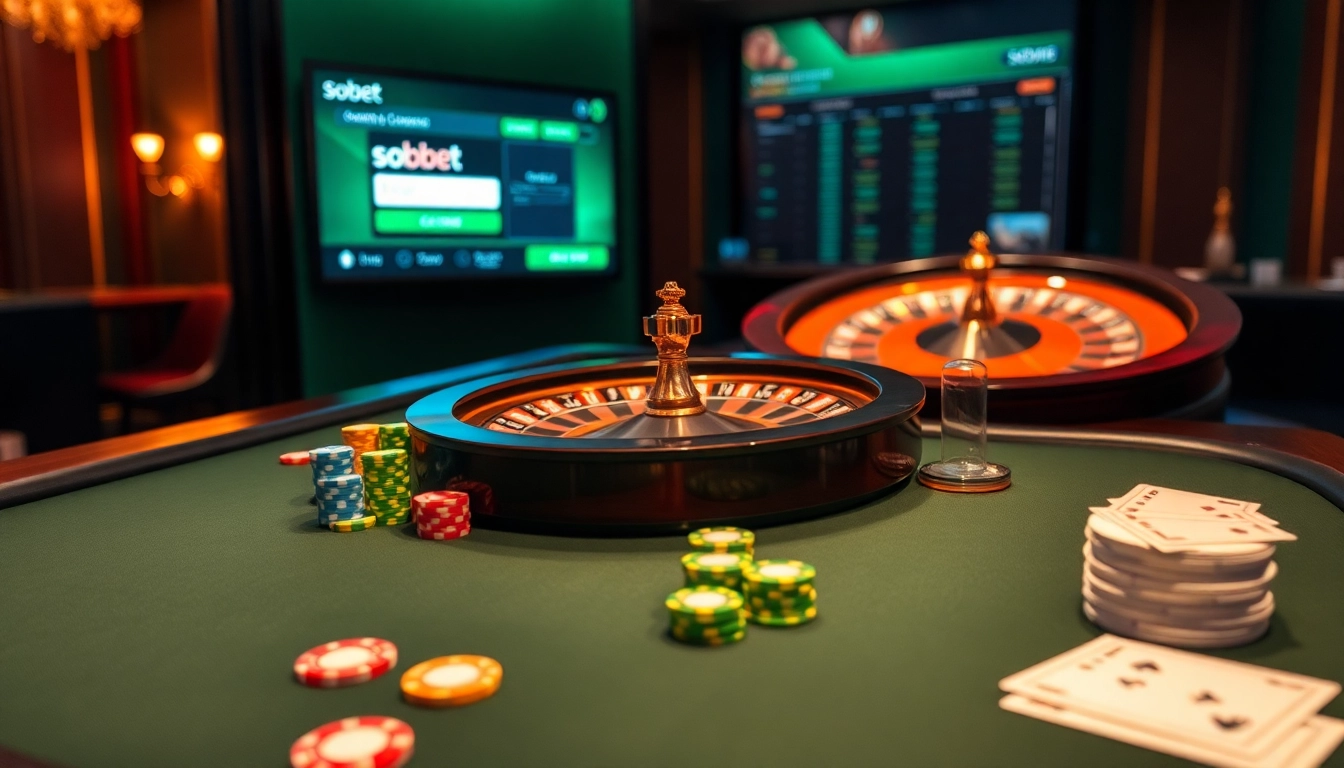 Sweeping view of a luxurious casino table scene with sbobet login indonesia prominently displayed.