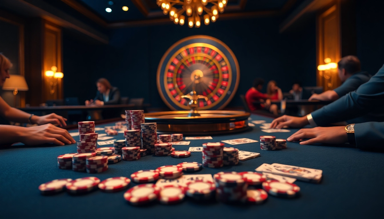 Daga online gambling platform featuring players at luxurious casino tables with poker chips and roulette wheel.