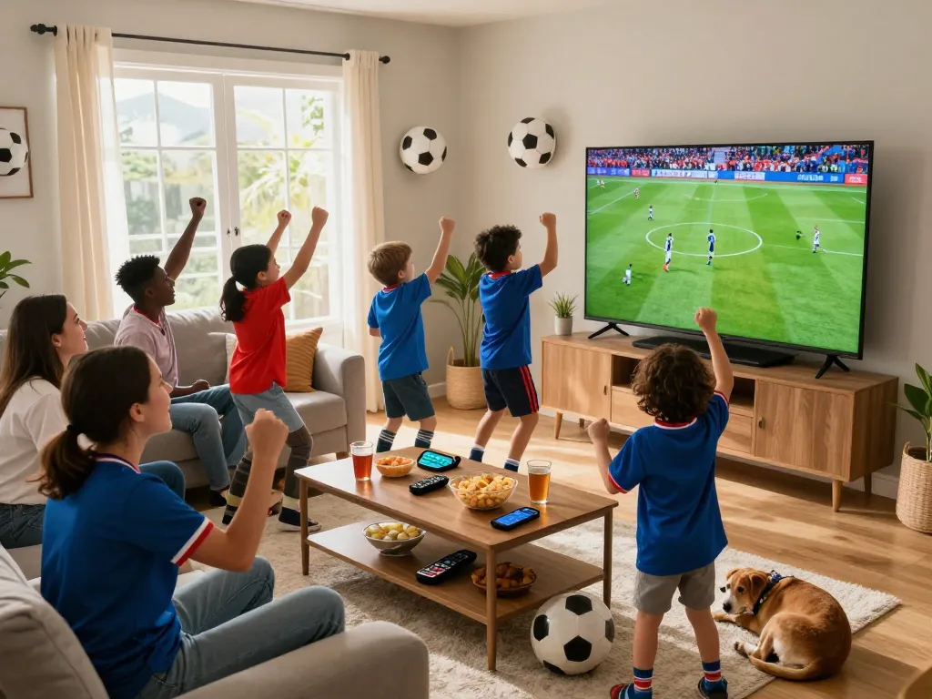 Live football viewing experience with fans enjoying trực tiếp bóng đá cakhiatv in a cozy home setting.