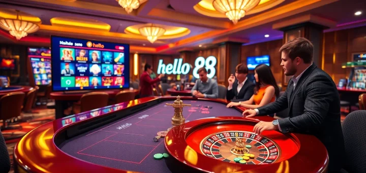 Players enjoying thrilling games at hello 88 casino tables with vibrant chips and roulette.