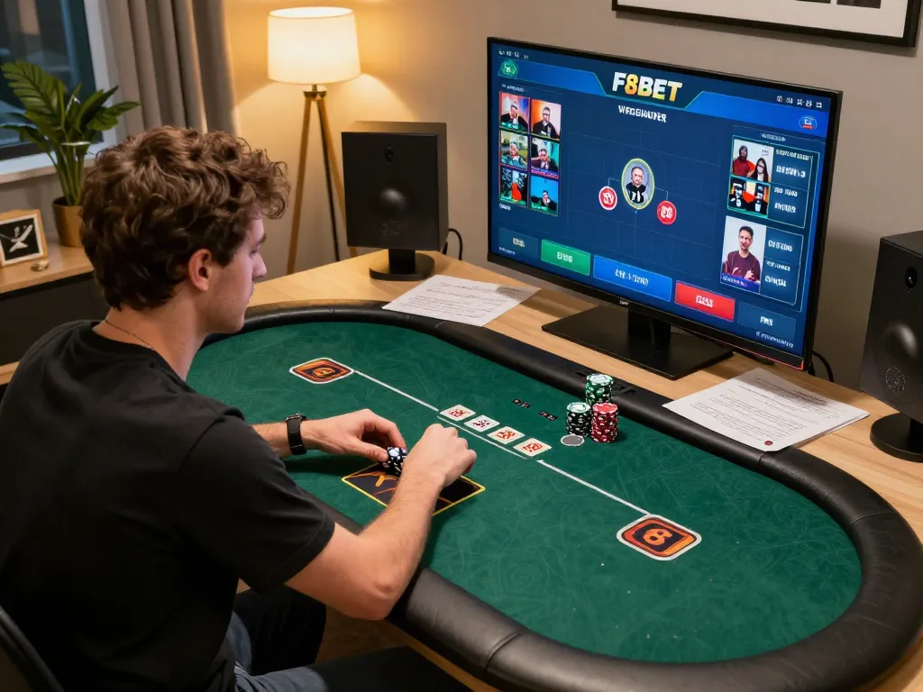 Player immersed in F8BET online poker game, showcasing cards and betting interface, warm home atmosphere