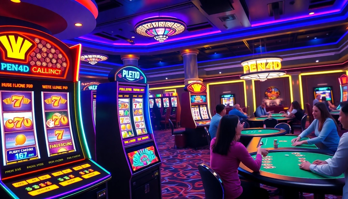 Players winning big at the PEN4D slot machines, surrounded by classic casino excitement.